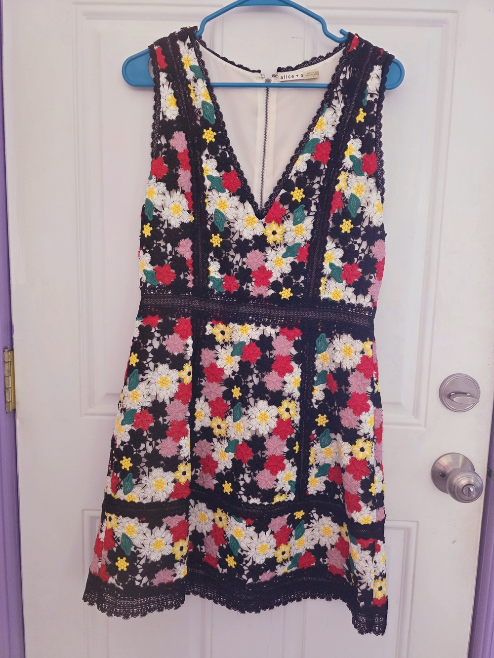 Alice + Olivia Black Floral Lace Dress with Multicolor Embroidery